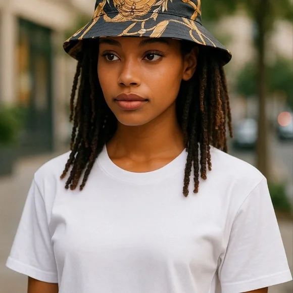 Reversible Satin Black and Gold Chain Print Bucket Hat - Picture 3 of 10